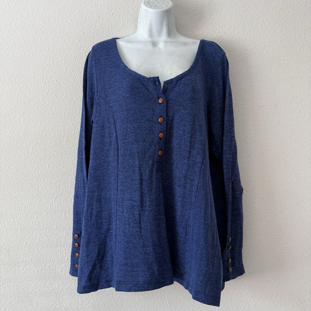 Soft Surroundings Henley Tunic Top XL Blue Melange Knit Boho Wood Button Shirt